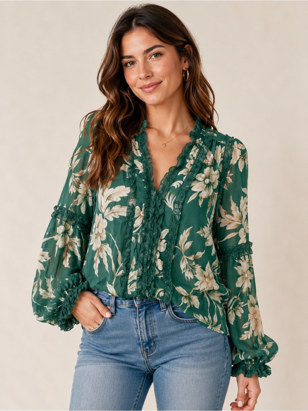 Miss June m/l Floral Blouse Green Boho Blouse Ruffle Balloon Sleeve Tunic M/L